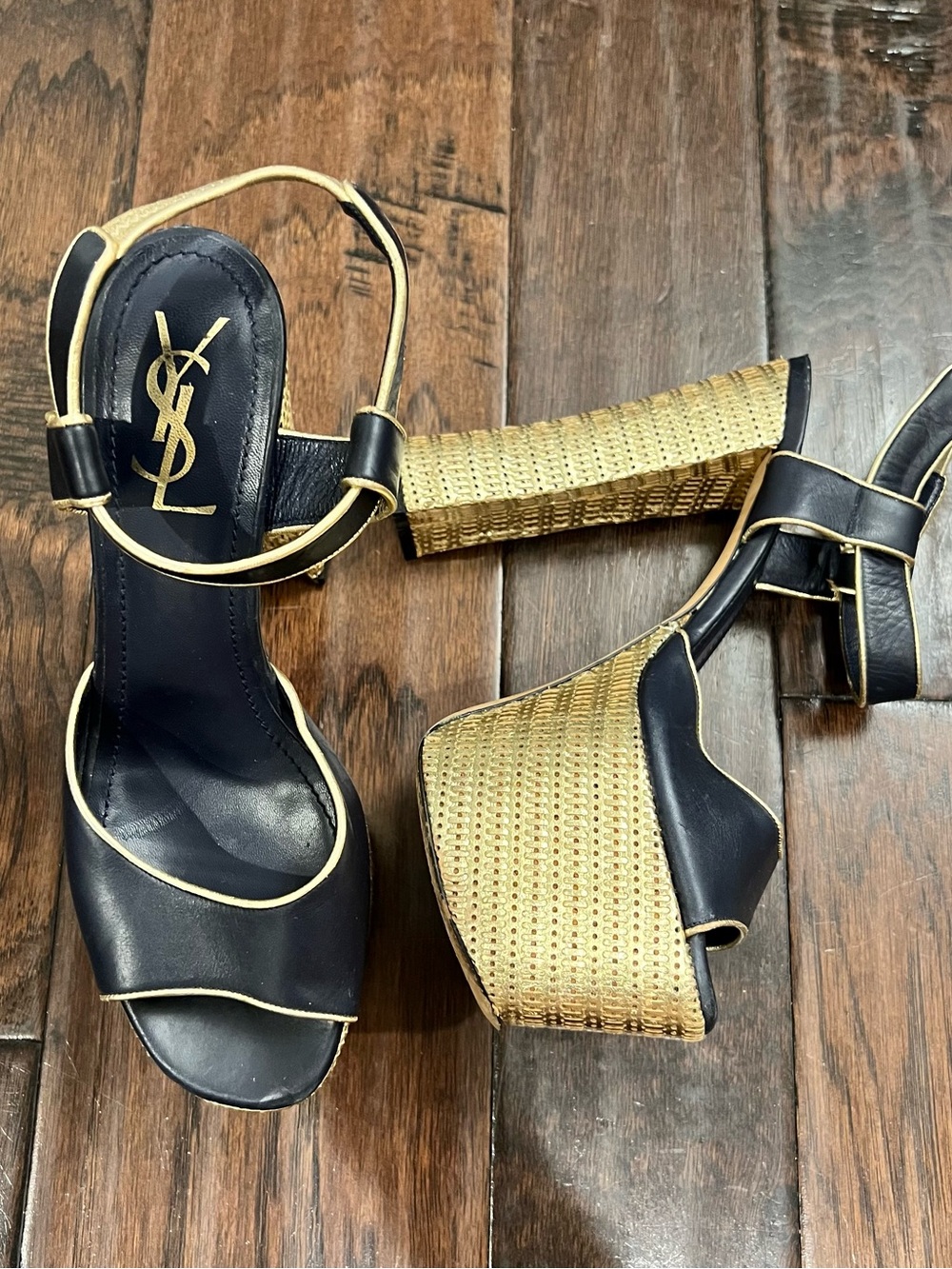 Yves Saint Laurent Black and Gold Woven Platform Sandals